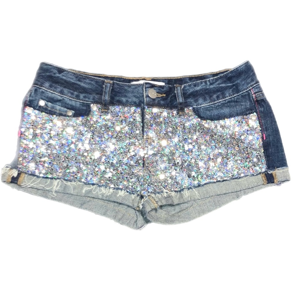 Victoria’s Secret Pink Denim Rainbow Silver Sequin Dark Blue Jean Shorts 0 RARE - Picture 2 of 8